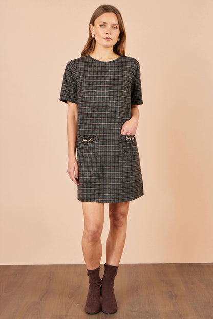 Yumi Women's Brown Check Short Sleeve Shift Dress with Gold Pocket Trim