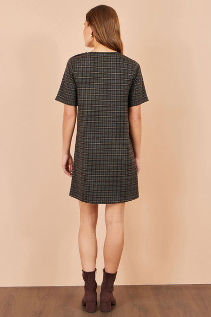 Yumi Women's Brown Check Short Sleeve Shift Dress with Gold Pocket Trim
