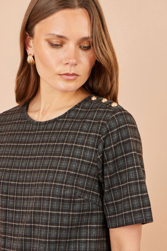 Yumi Women's Brown Check Short Sleeve Shift Dress with Gold Pocket Trim