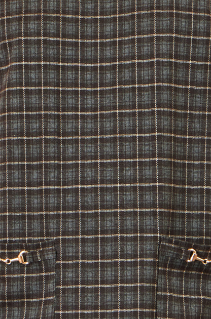 Yumi Women's Brown Check Short Sleeve Shift Dress with Gold Pocket Trim