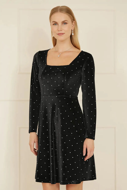 Yumi Black Skater Dress With Diamantes and Long Sleeve - QHA UK