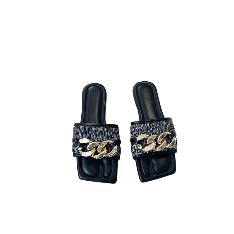Flat Slippers with Black Metal Link Detail