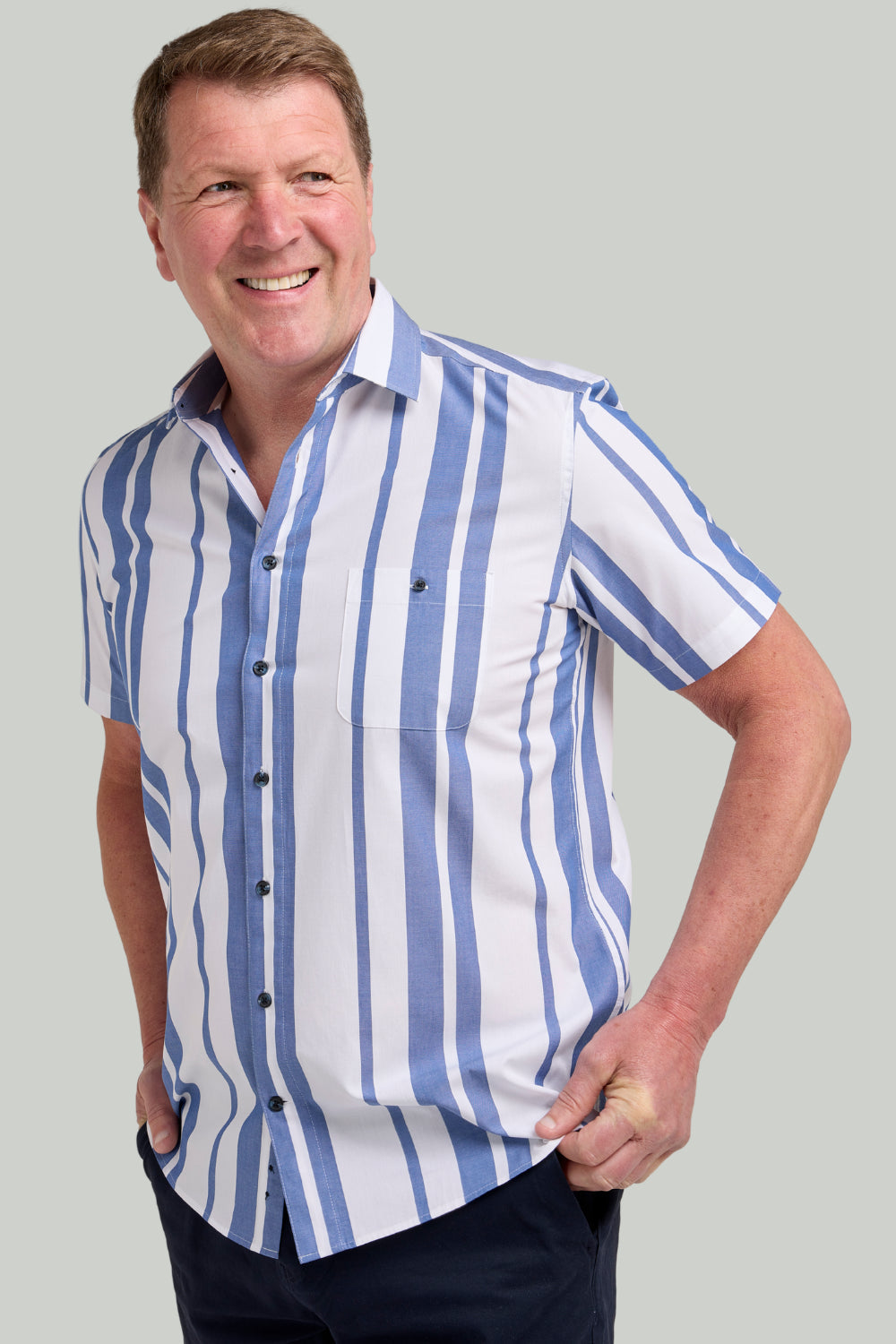 Double TWO Stripe Short Sleeve Shirt For Men in Navy, M-5XL