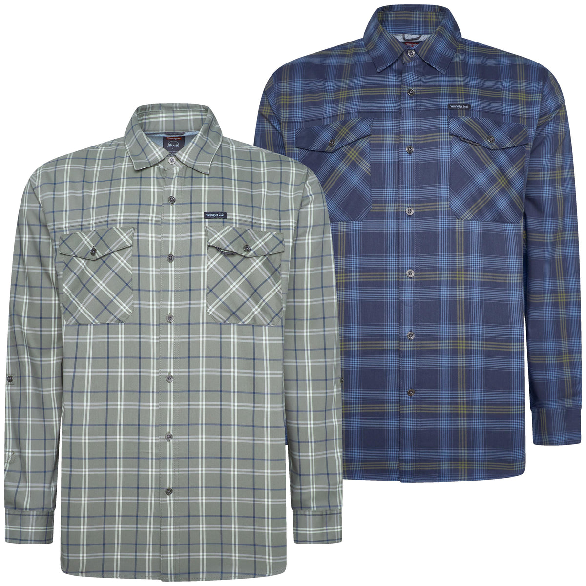 Two long-sleeve button-up plaid shirts shown on a white background, with one in sage green and blue and one in blue and navy.