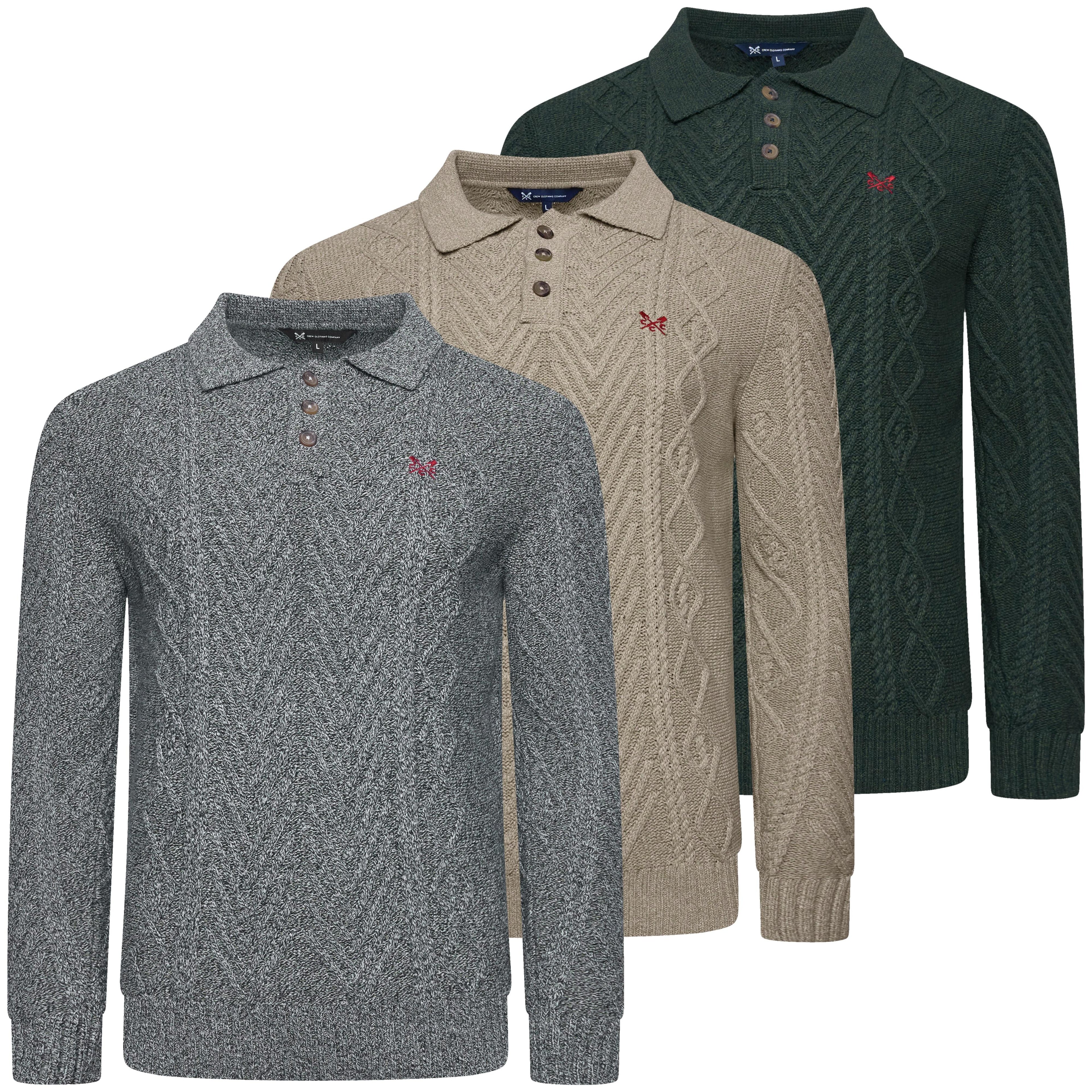 Crew Clothing Company Men's Cable Knit Button Neck Jumper 6 Colours XS–3XL