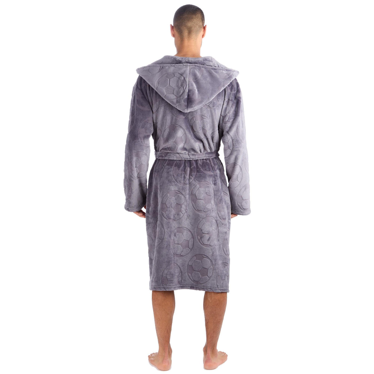 Men's Grey Football Pattern Fleece Hooded Dressing Gown with Front Pockets