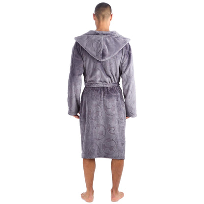Men's Grey Football Pattern Fleece Hooded Dressing Gown with Front Pockets