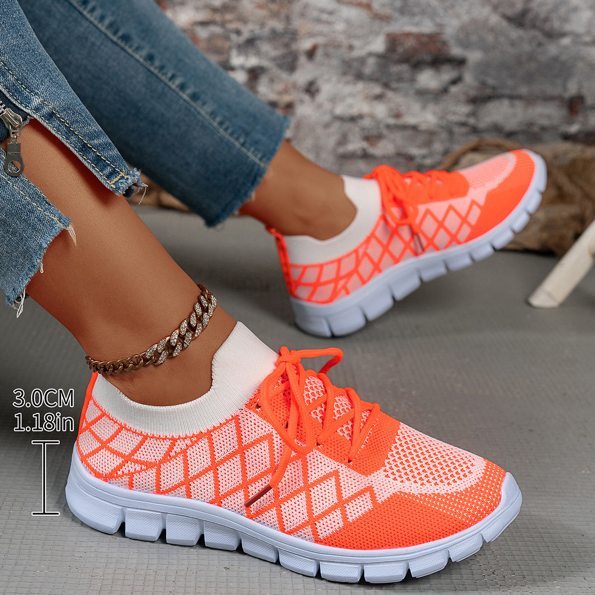 Women's Color block Plaid Fly knit Sneakers – Breathable Lace-Up Mesh Running & Walking Shoes