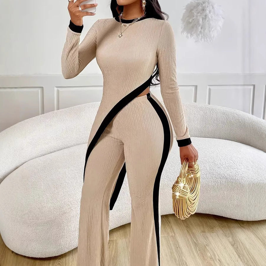 Women’s Long Sleeve Side Slit Top & Trousers Two-Piece Lounge Set