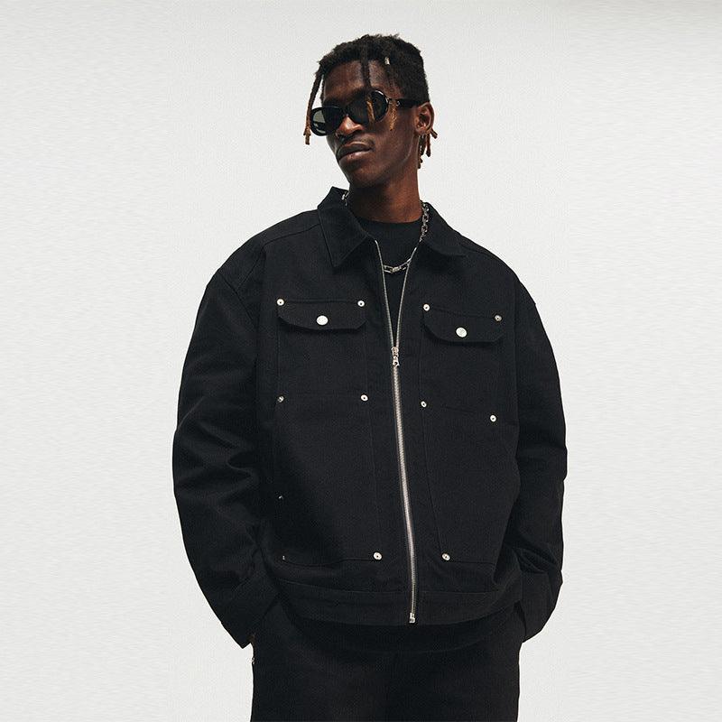 Men's Black Washed Denim Jacket with Zipper and Pocket Detailing - Retro Streetwear Style