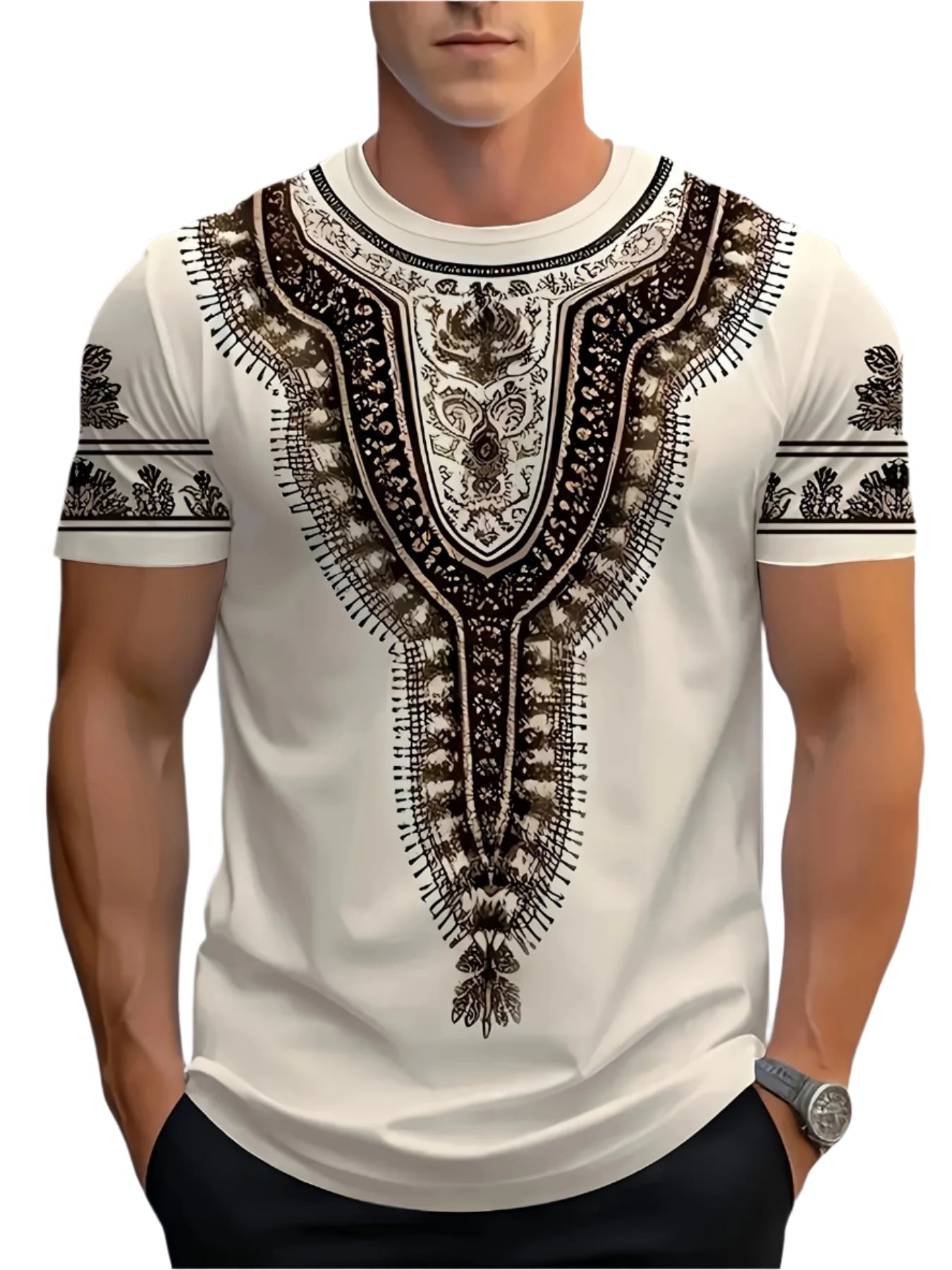 Men's Stylish Digital Print T-Shirt Short Sleeve Crew Neck with Intricate Floral Print Patterns