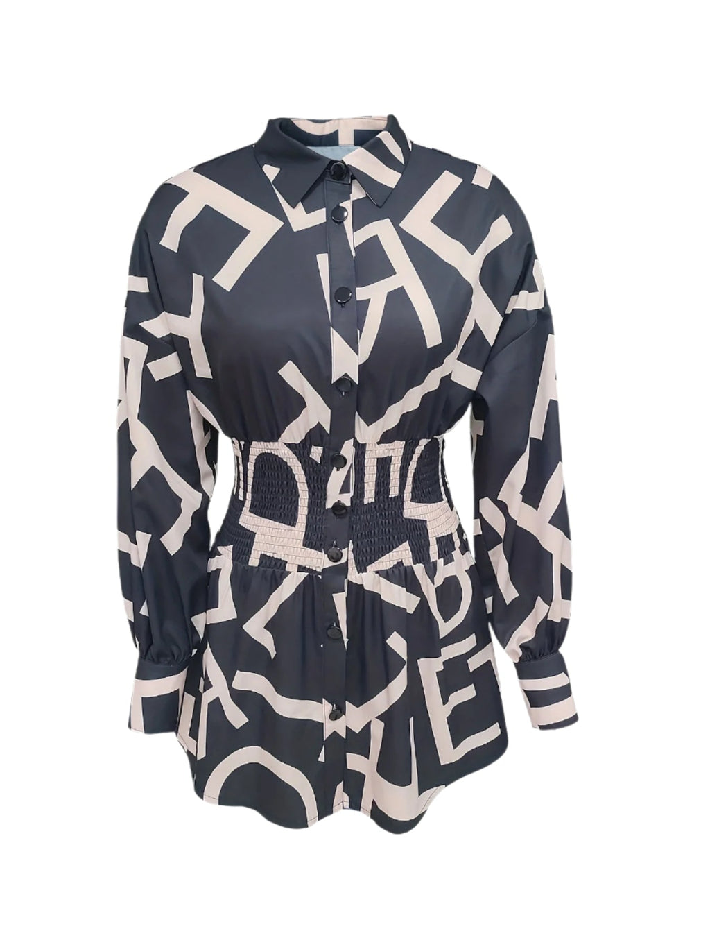 Color Block Botton Front Dress, Elegant Shirred Waist Long Sleeve Dress For Spring & Summer, Women's Clothing