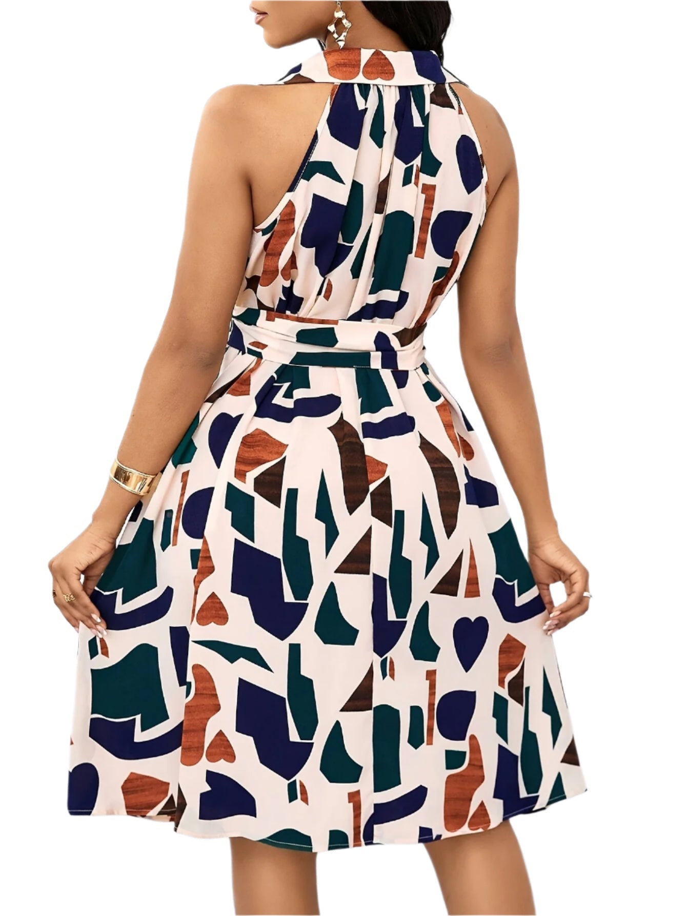 Elegant Geometric Print V-Neck Sleeveless Dress for Women