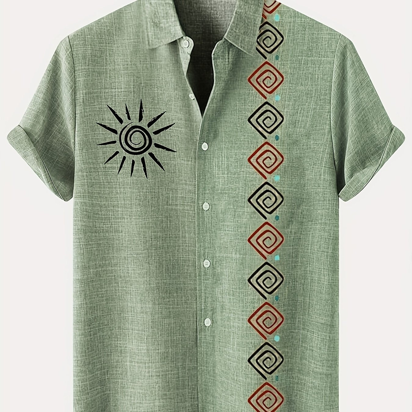 Men's Lightweight Short-Sleeve Linen-Look Shirt with Tribal Geometric Pattern