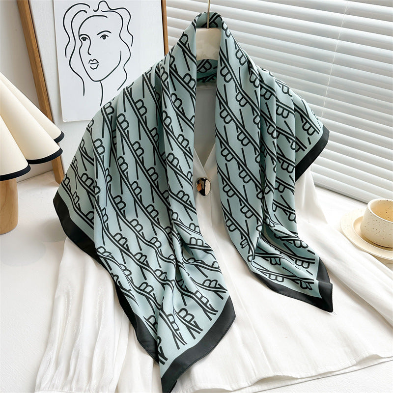 Women's Premium Twill Silk Scarf, Large Printed 90/90cm Striped Square Scarf
