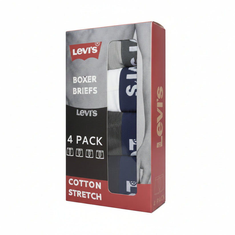 Levi's 4-pack of cotton stretch boxer briefs in a retail box, featuring navy, gray, and white pairs visible through a clear window.