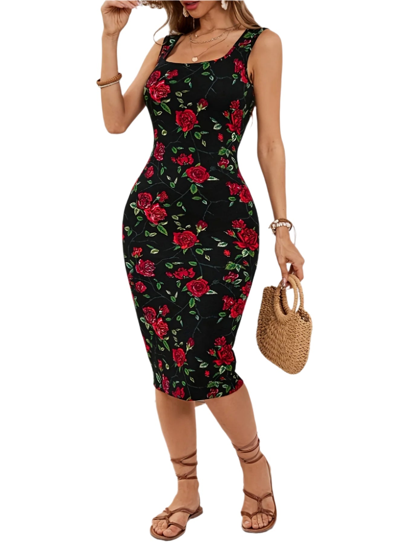 Print Women's Sleeveless Floral Knit Midi Dress