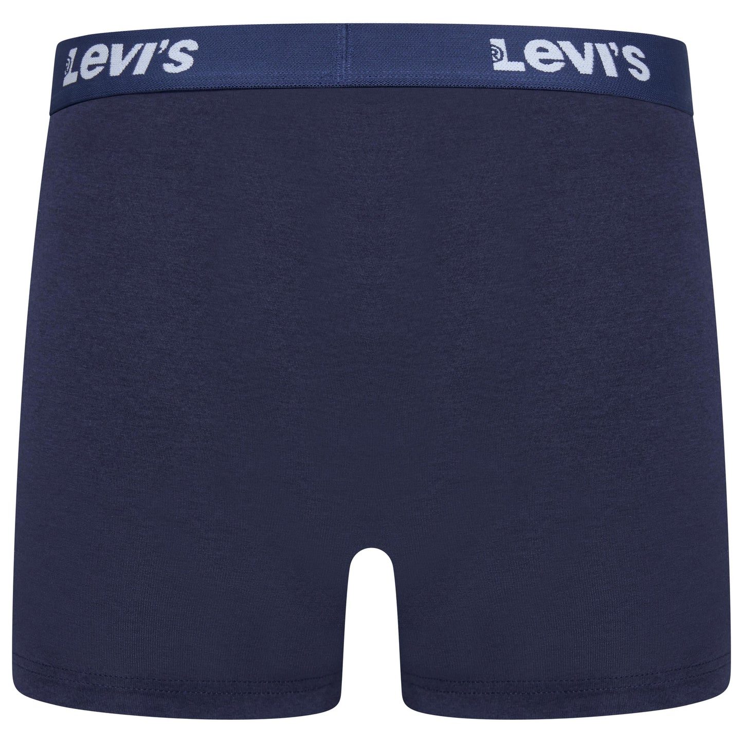 A pair of navy blue Levi's boxer briefs with a matching navy waistband featuring the white Levi's logo printed on both sides.