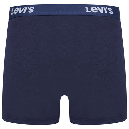 A pair of navy blue Levi's boxer briefs with a matching navy waistband featuring the white Levi's logo printed on both sides.