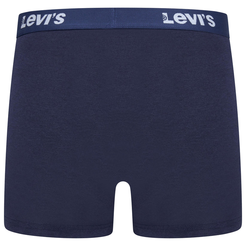 A pair of navy blue Levi's boxer briefs with a matching navy waistband featuring the white Levi's logo printed on both sides.