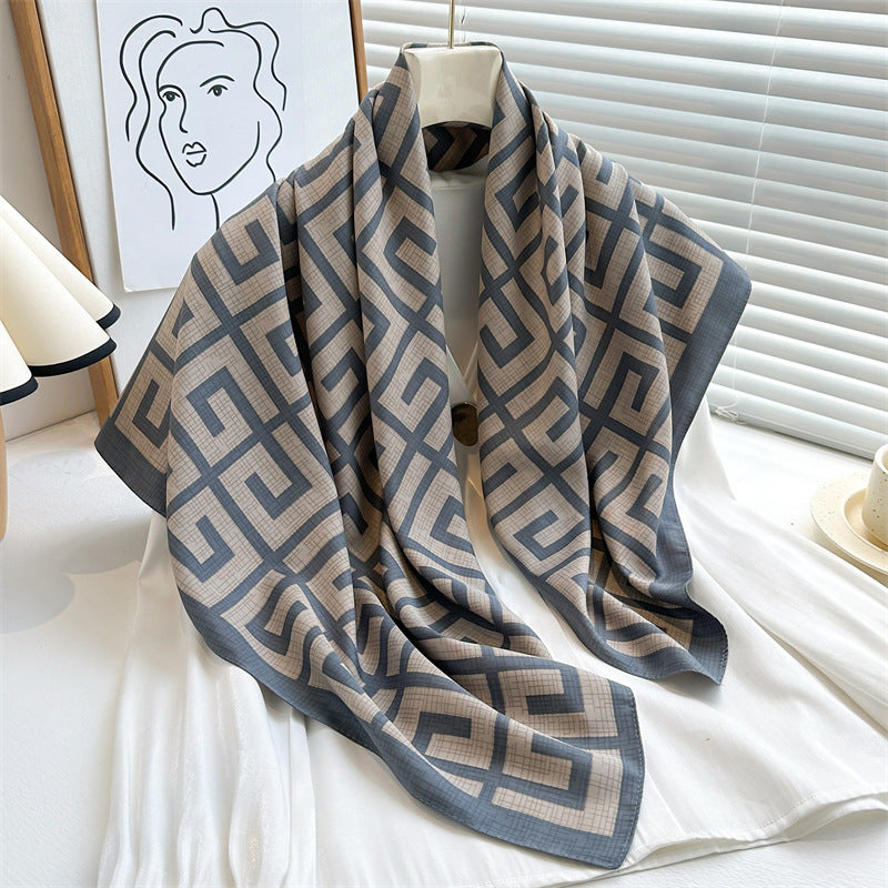 Women's Premium Twill Silk Scarf, Large Printed 90/90cm Striped Square Scarf