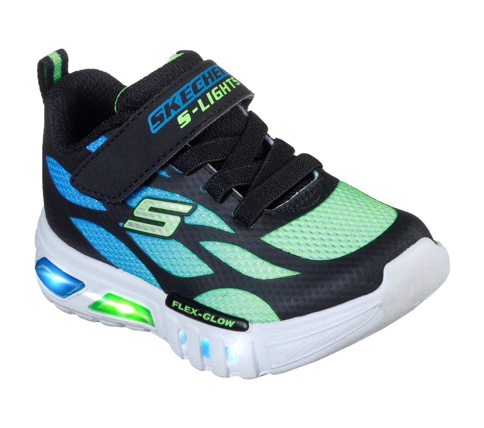 Skechers S Lights Flex-Glow Dezlo Touch Fastening Trainer Childrens Sports in Black/Blue/Lime