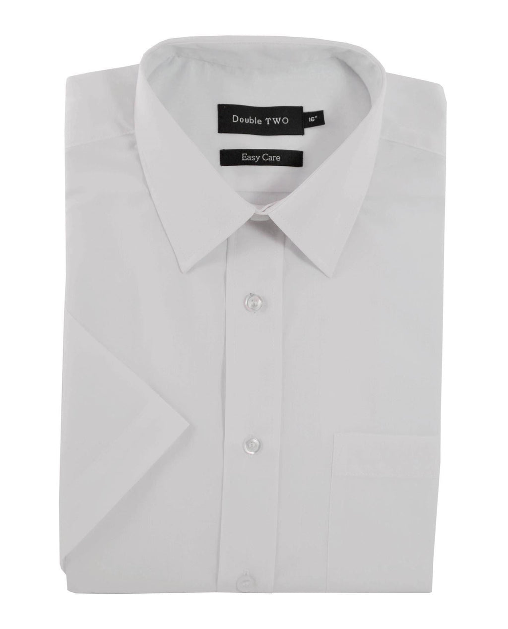 Folded light gray dress shirt with 'Double Two' label on a white background