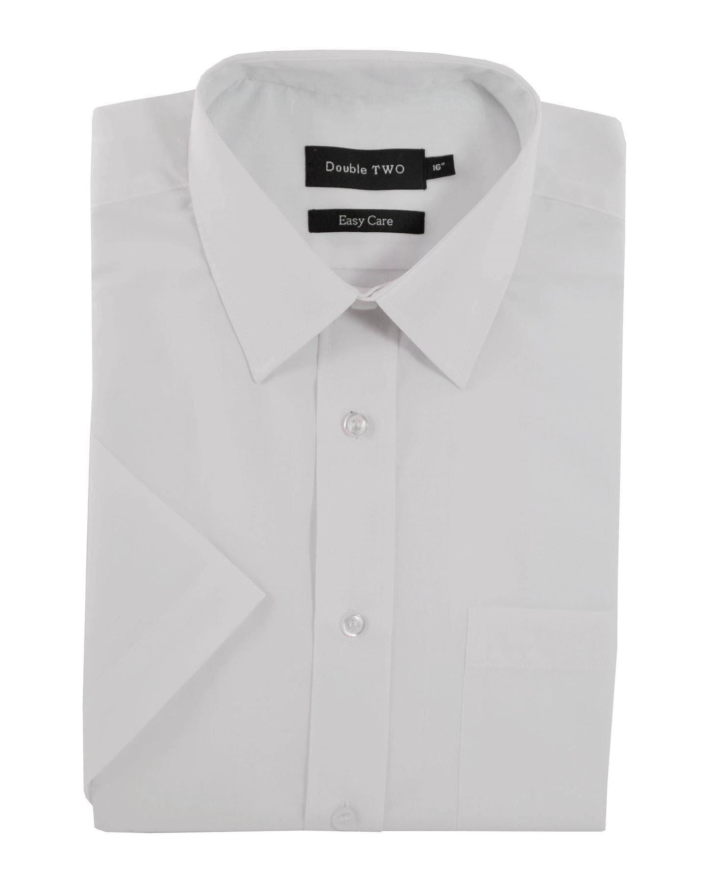 Folded light gray dress shirt with 'Double Two' label on a white background