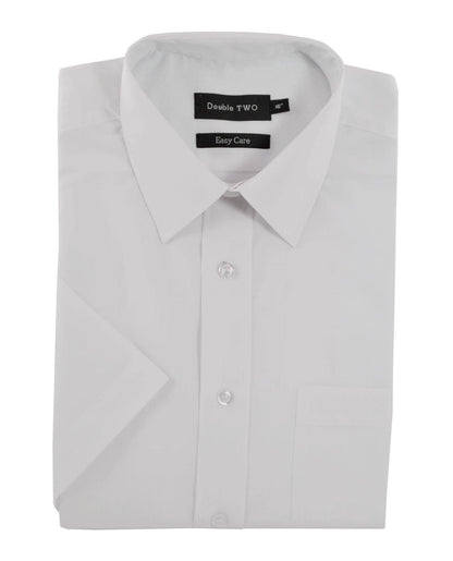 Folded light gray dress shirt with 'Double Two' label on a white background