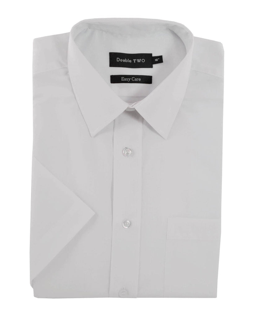 Folded light gray dress shirt with 'Double Two' label on a white background