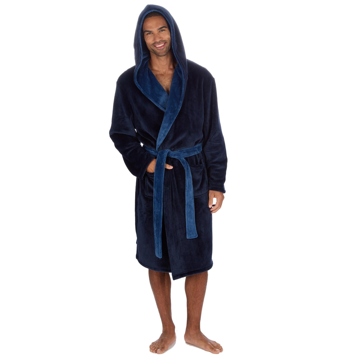 Pierre Roche Men's Hooded Fleece Dressing Gown with Contrast Belt & Pockets
