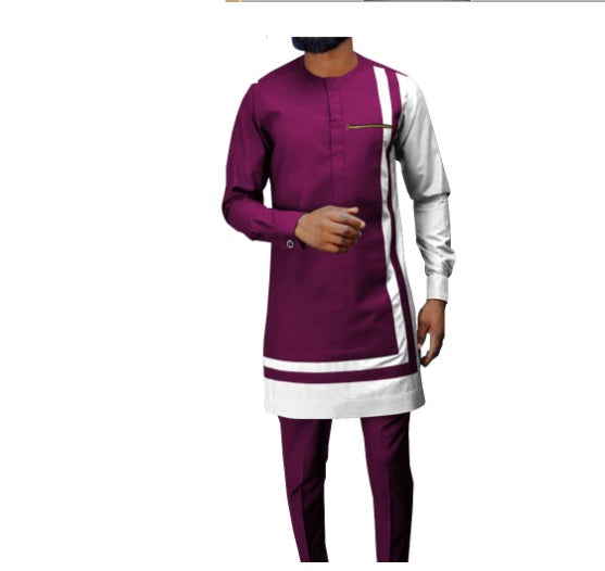 African Men's Casual Suit, Ethnic Print Modest Cotton Suit