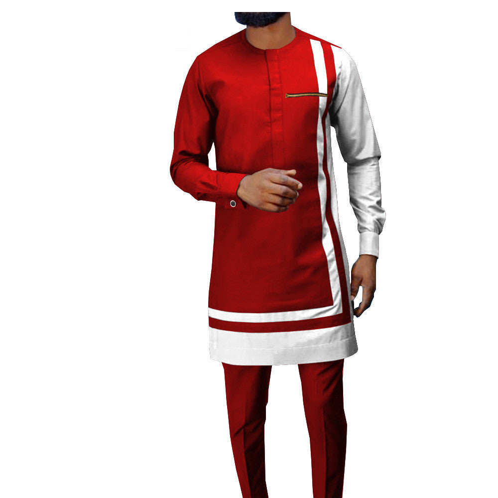 African Men's Casual Suit, Ethnic Print Modest Cotton Suit