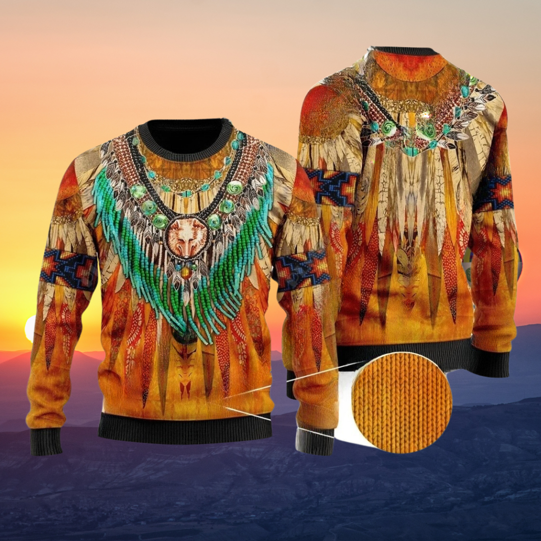 Native Indian Wolf Feather Dream Catcher Art Design Unisex Ugly Sweater (Short to Plus-Size) selection