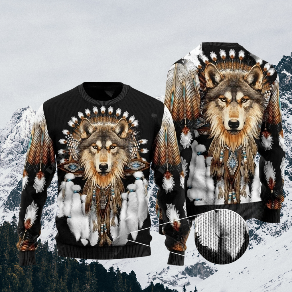 Native Indian Wolf Feather Dream Catcher Art Design Unisex Ugly Sweater (Short to Plus-Size) selection