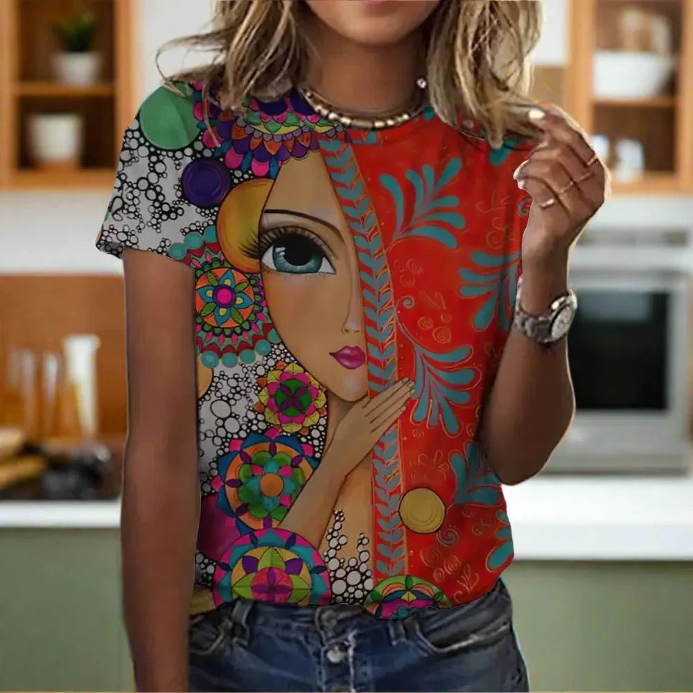 2.Women’s Abstract Art O-Neck T-Shirts – Cute Summer Style