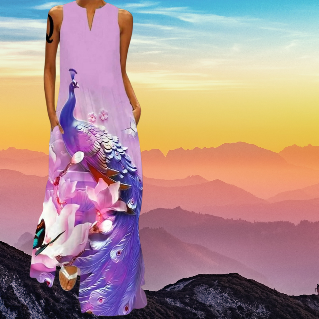 Elegant Women's Sleeveless 3D Fishes & Peacock Print Vintage Maxi Dress with Pockets – Summer & Spring Collection