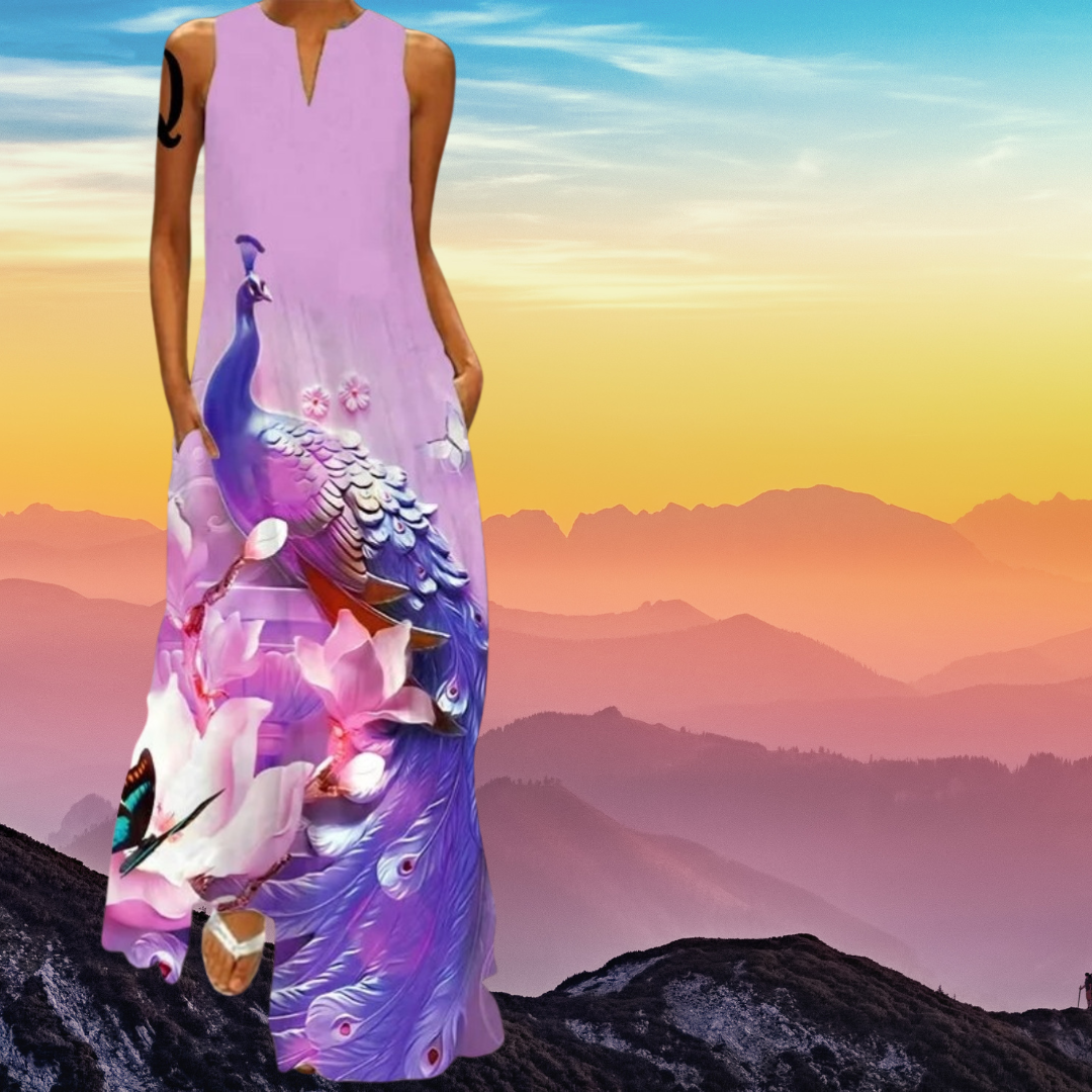 Elegant Women's Sleeveless 3D Fishes & Peacock Print Vintage Maxi Dress with Pockets – Summer & Spring Collection
