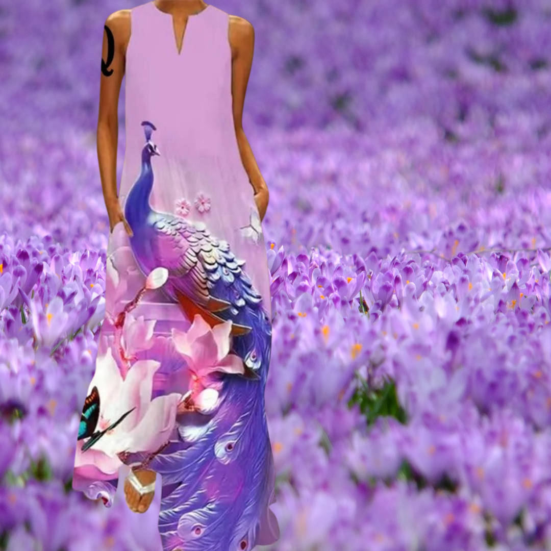 Elegant Women's Sleeveless 3D Fishes & Peacock Print Vintage Maxi Dress with Pockets – Summer & Spring Collection