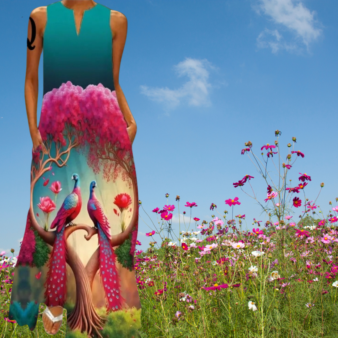 Elegant Women's Sleeveless 3D Fishes & Peacock Print Vintage Maxi Dress with Pockets – Summer & Spring Collection