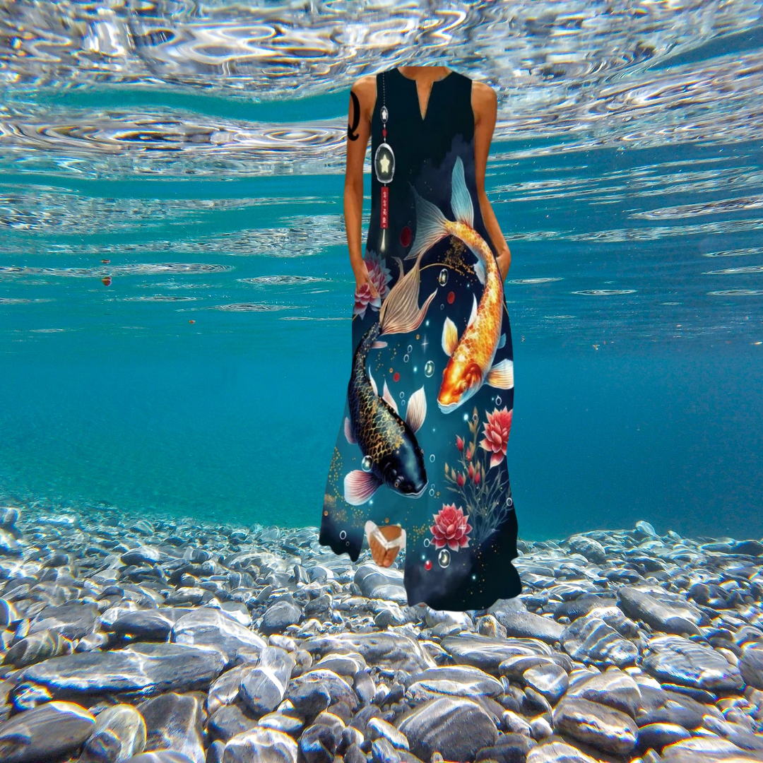 Elegant Women's Sleeveless 3D Fishes & Peacock Print Vintage Maxi Dress with Pockets – Summer & Spring Collection