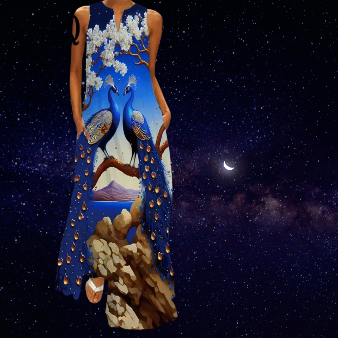 Elegant Women's Sleeveless 3D Fishes & Peacock Print Vintage Maxi Dress with Pockets – Summer & Spring Collection