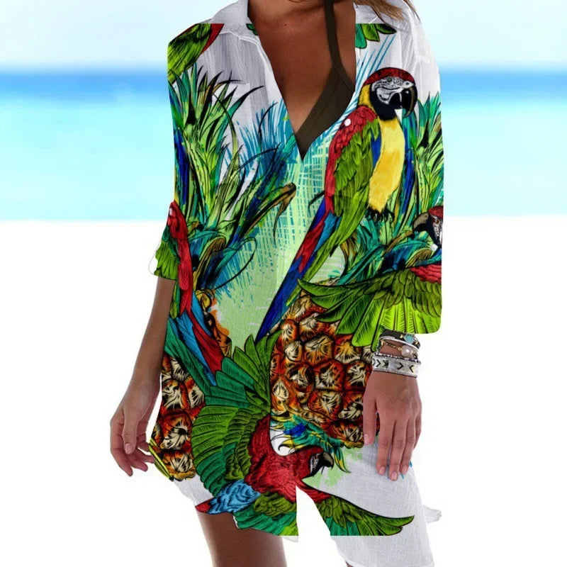 1.Women's Summer Hawaiian Parrot 3D Print Blouse – Long Sleeve Mid-Length Button-Up Beach Shirt with Pockets