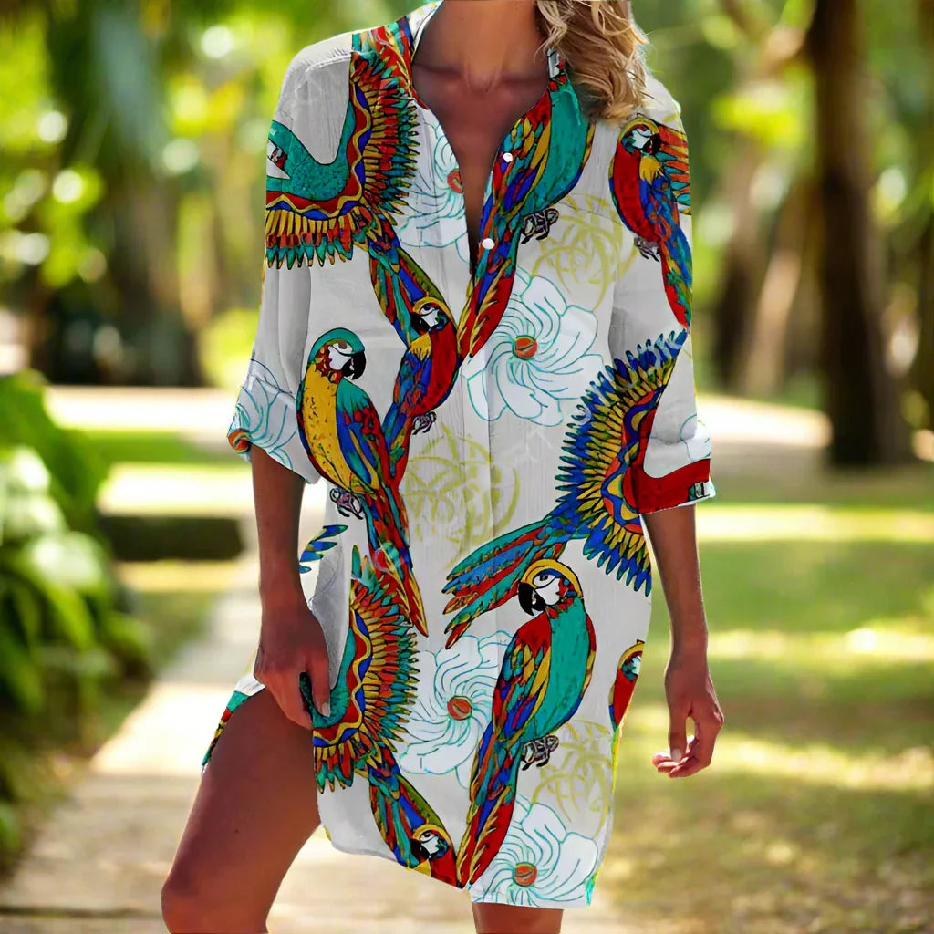 1.Women's Summer Hawaiian Parrot 3D Print Blouse – Long Sleeve Mid-Length Button-Up Beach Shirt with Pockets