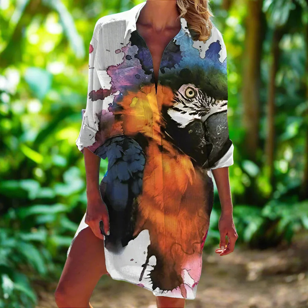 1.Women's Summer Hawaiian Parrot 3D Print Blouse – Long Sleeve Mid-Length Button-Up Beach Shirt with Pockets