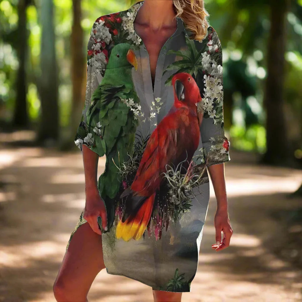 1.Women's Summer Hawaiian Parrot 3D Print Blouse – Long Sleeve Mid-Length Button-Up Beach Shirt with Pockets