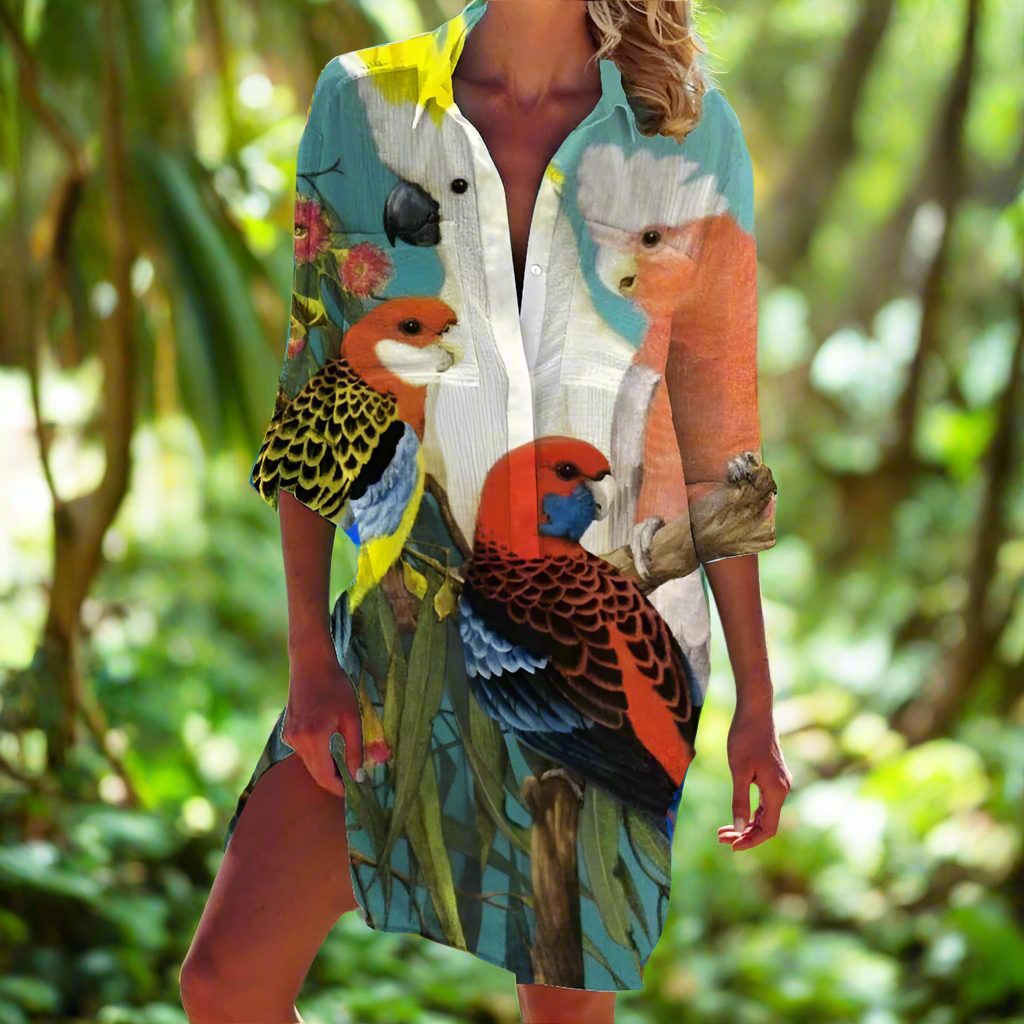 1.Women's Summer Hawaiian Parrot 3D Print Blouse – Long Sleeve Mid-Length Button-Up Beach Shirt with Pockets