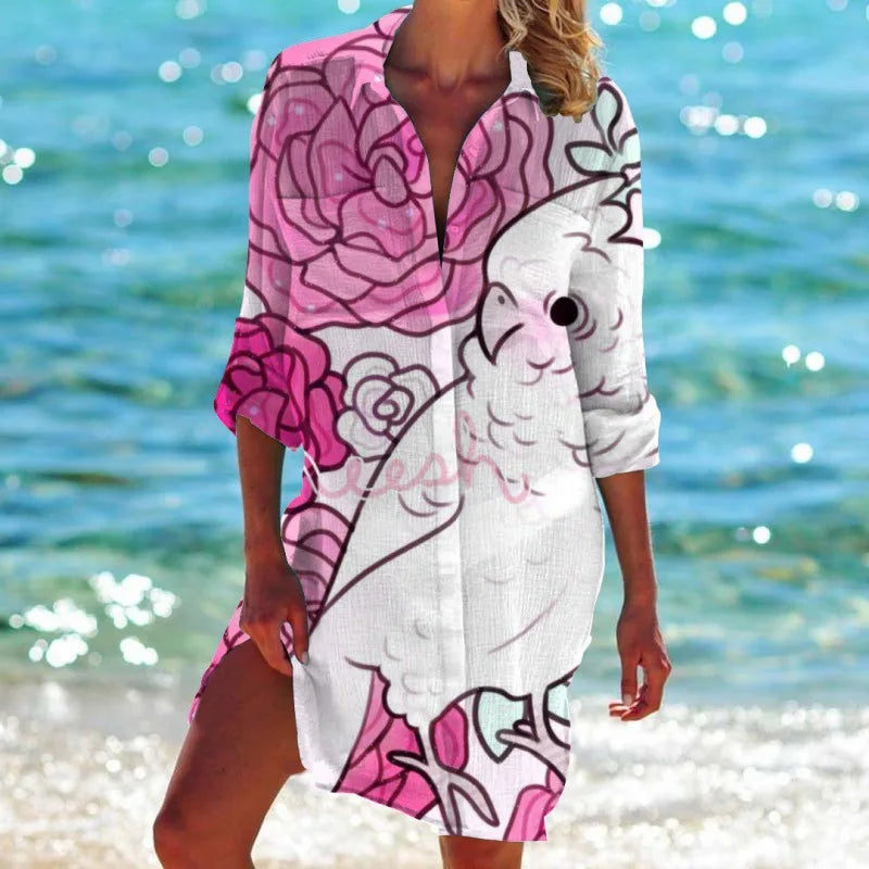 2.Women's Summer Hawaiian Parrot 3D Print Blouse – Long Sleeve Mid-Length Button-Up Beach Shirt with Pockets