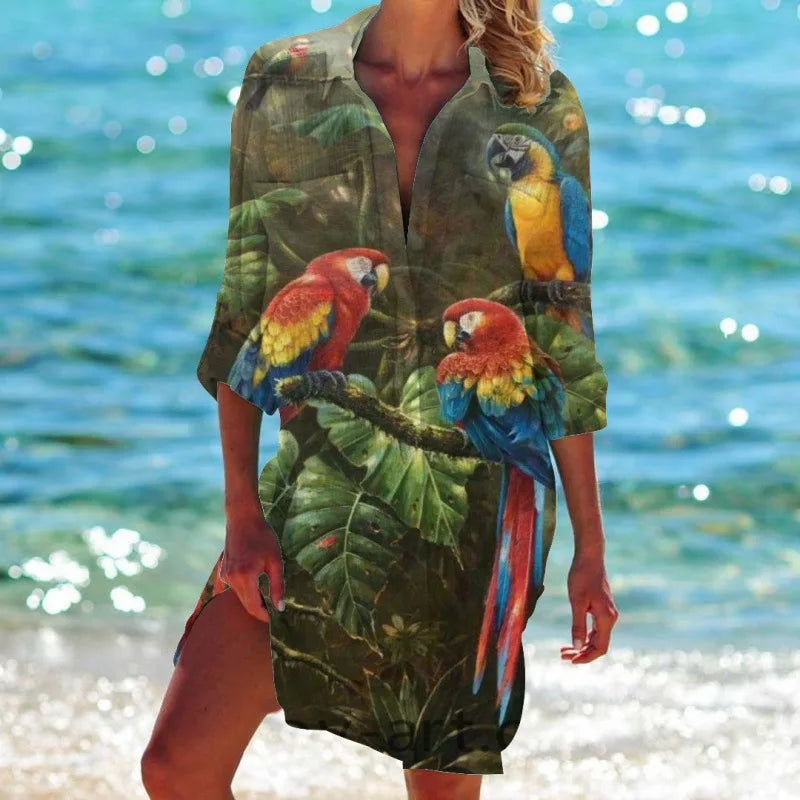 3.Women's Summer Hawaiian Parrot 3D Print Blouse – Long Sleeve Mid-Length Button-Up Beach Shirt with Pockets