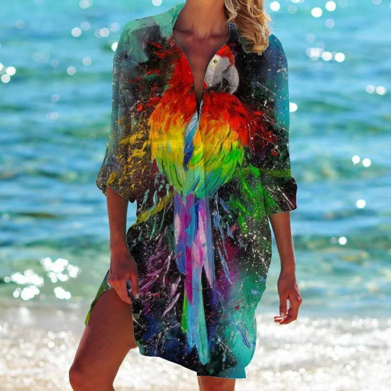 3.Women's Summer Hawaiian Parrot 3D Print Blouse – Long Sleeve Mid-Length Button-Up Beach Shirt with Pockets